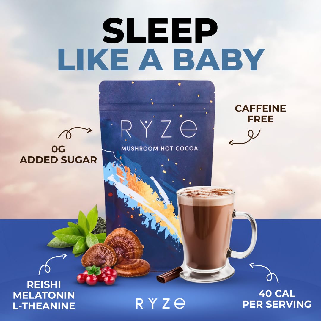RYZE Mushroom Hot Cocoa with Melatonin, Reishi & L-Theanine, 20 Servings