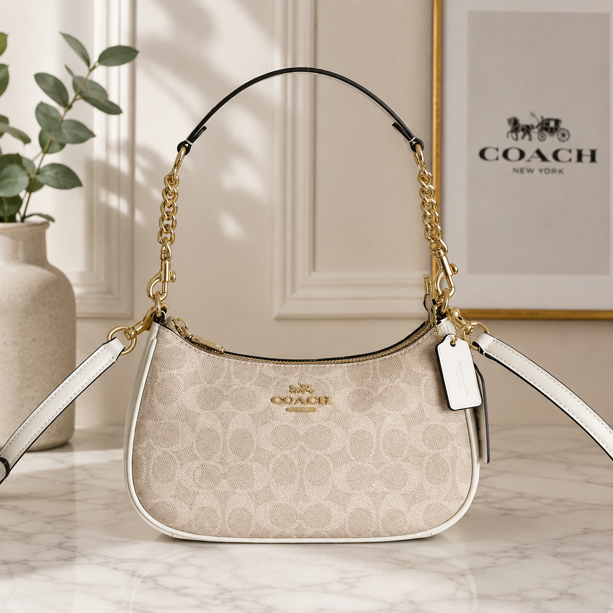 Coach NWT Teri Shoulder Bag In Signature Canvas CV933 Gold/Sand/Chalk
