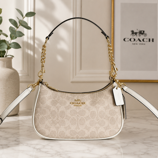 Coach NWT Teri Shoulder Bag In Signature Canvas CV933 Gold/Sand/Chalk