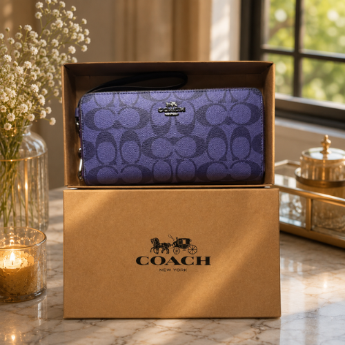 NEW COACH Long Round Zip Wallet with Strap Purple Signature C4452 outlet F/S