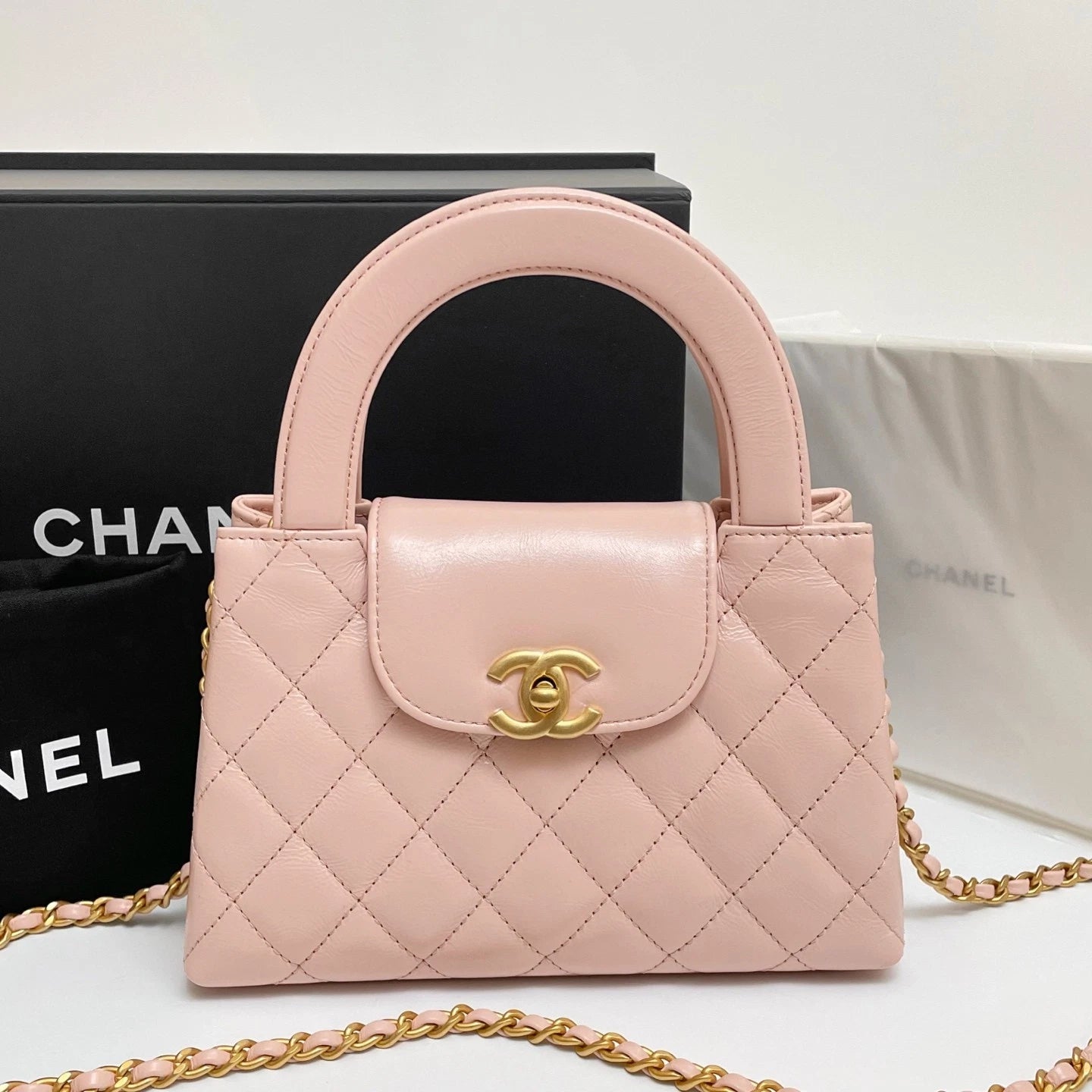 CHANEL Kelly Mini Shopping Pink Shiny Calfskin Quilted Handbag Crossbody Bag 23K