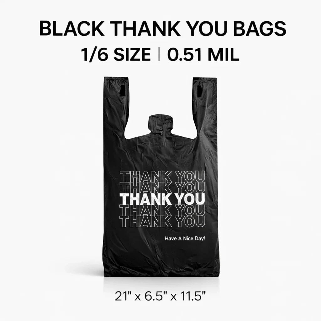 Black 1/6 Thank You T-Shirt Plastic Bags 21x6.5x11.5 0.51 Mil