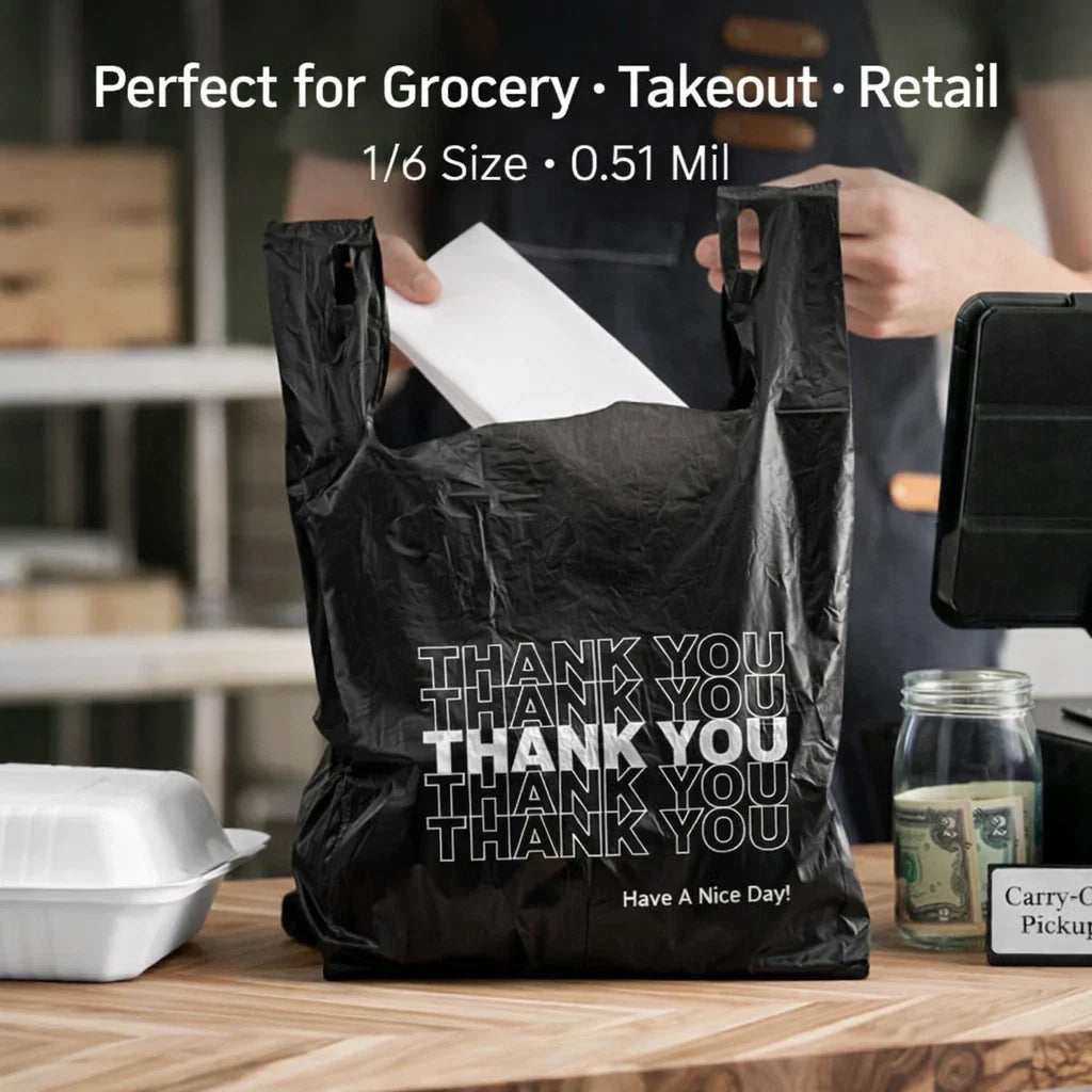 Black 1/6 Thank You T-Shirt Plastic Bags 21x6.5x11.5 0.51 Mil